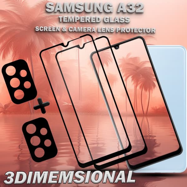 2-Pack Samsung A32 Skärmskydd & 2-Pack linsskydd - Härdat Glas 9H - Super kvalitet 3D