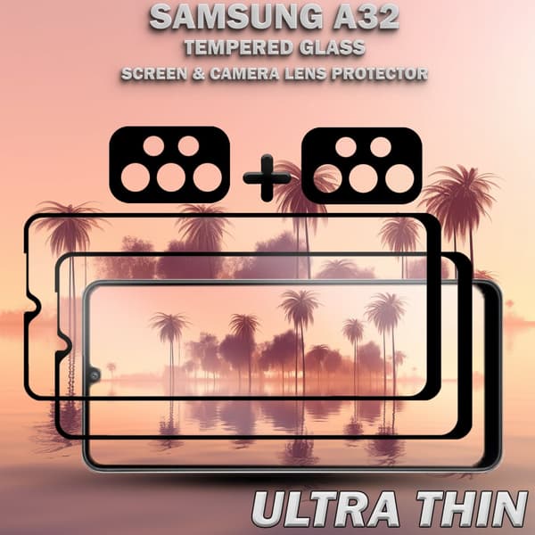 2-Pack Samsung A32 Skärmskydd & 2-Pack linsskydd - Härdat Glas 9H - Super kvalitet 3D