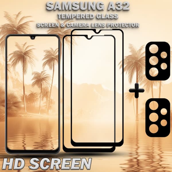 2-Pack Samsung A32 Skärmskydd & 2-Pack linsskydd - Härdat Glas 9H - Super kvalitet 3D
