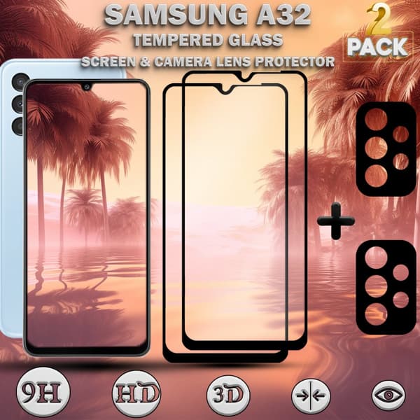 2-Pack Samsung A32 Skärmskydd & 2-Pack linsskydd - Härdat Glas 9H - Super kvalitet 3D