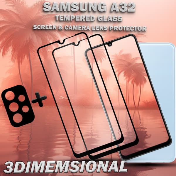 2-Pack Samsung A32 Skärmskydd & 1-Pack linsskydd - Härdat Glas 9H - Super kvalitet 3D