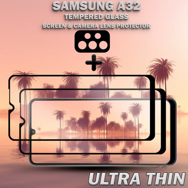 2-Pack Samsung A32 Skärmskydd & 1-Pack linsskydd - Härdat Glas 9H - Super kvalitet 3D