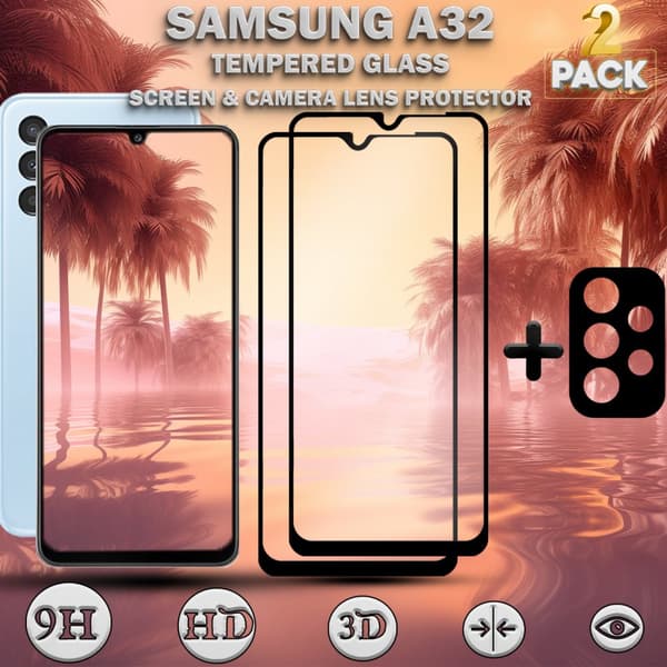 2-Pack Samsung A32 Skärmskydd & 1-Pack linsskydd - Härdat Glas 9H - Super kvalitet 3D