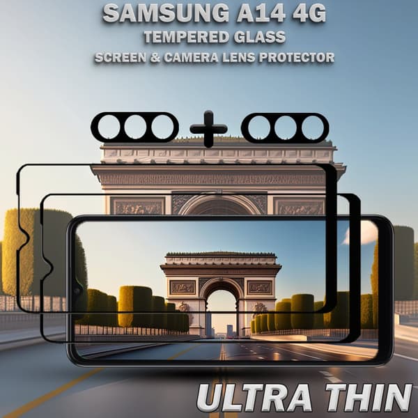 2-Pack Samsung A14 4G Skärmskydd & 2-Pack linsskydd - Härdat Glas 9H - Super kvalitet 3D