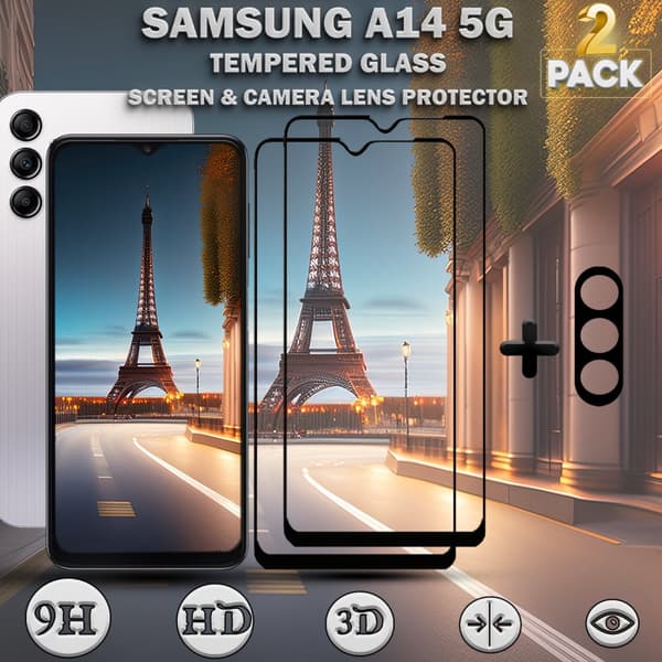 2-Pack Samsung A14 5G Skärmskydd & 1-Pack linsskydd - Härdat Glas 9H - Super kvalitet 3D