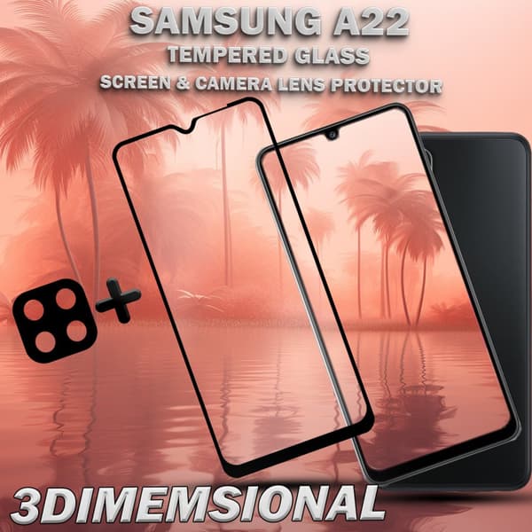 1-Pack Samsung A22 Skärmskydd & 1-Pack linsskydd - Härdat Glas 9H - Super kvalitet 3D