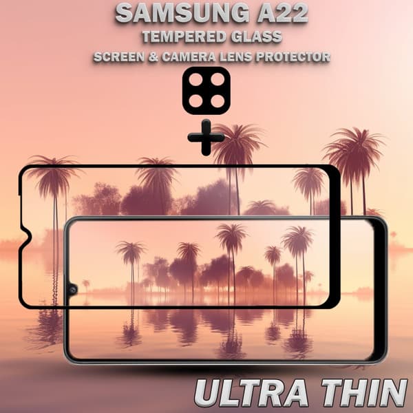 1-Pack Samsung A22 Skärmskydd & 1-Pack linsskydd - Härdat Glas 9H - Super kvalitet 3D