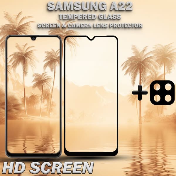 1-Pack Samsung A22 Skärmskydd & 1-Pack linsskydd - Härdat Glas 9H - Super kvalitet 3D