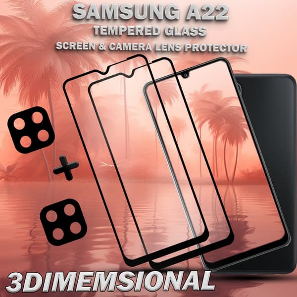 2-Pack Samsung A22 Skärmskydd & 2-Pack linsskydd - Härdat Glas 9H - Super kvalitet 3D