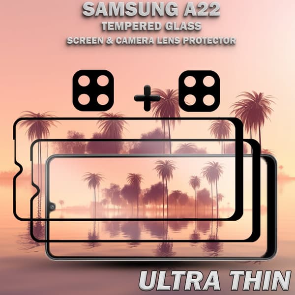 2-Pack Samsung A22 Skärmskydd & 2-Pack linsskydd - Härdat Glas 9H - Super kvalitet 3D