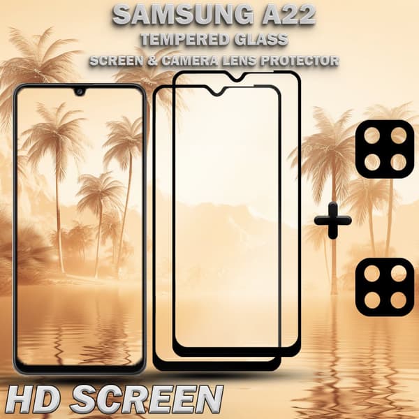2-Pack Samsung A22 Skärmskydd & 2-Pack linsskydd - Härdat Glas 9H - Super kvalitet 3D