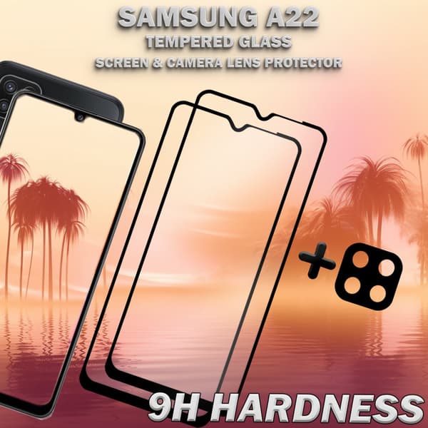 2-Pack Samsung A22 Skärmskydd & 1-Pack linsskydd - Härdat Glas 9H - Super kvalitet 3D
