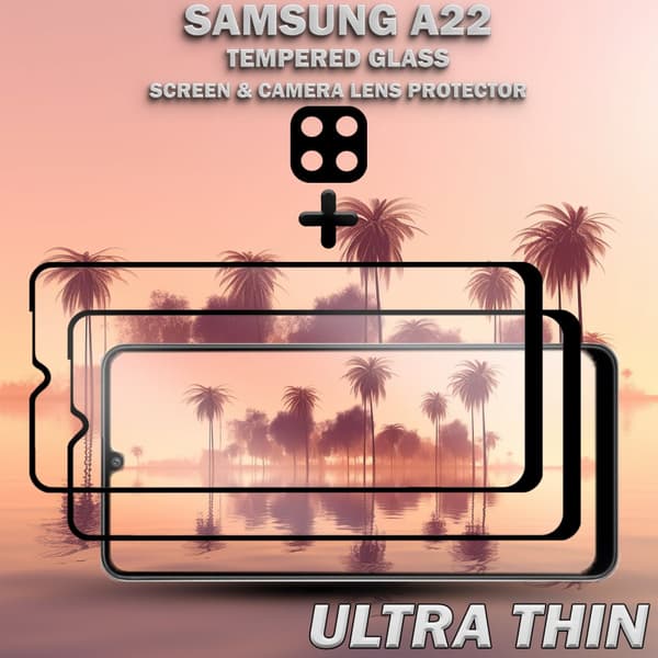 2-Pack Samsung A22 Skärmskydd & 1-Pack linsskydd - Härdat Glas 9H - Super kvalitet 3D