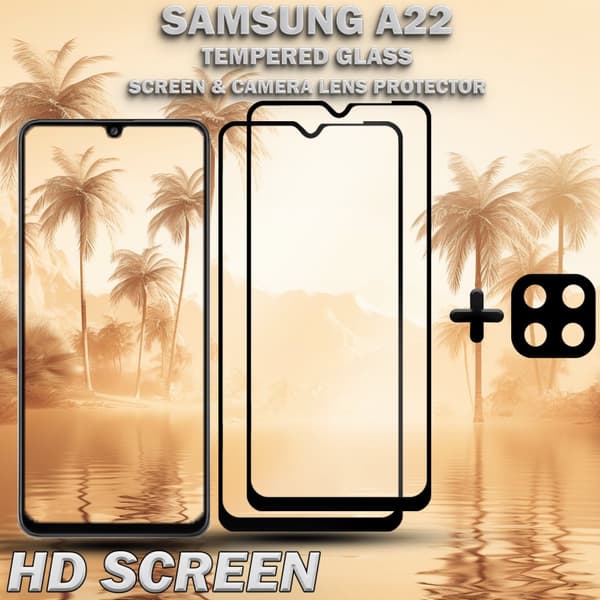 2-Pack Samsung A22 Skärmskydd & 1-Pack linsskydd - Härdat Glas 9H - Super kvalitet 3D