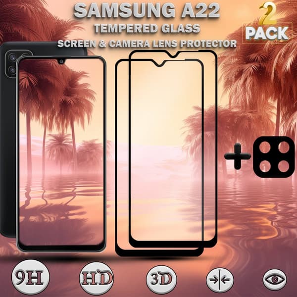 2-Pack Samsung A22 Skärmskydd & 1-Pack linsskydd - Härdat Glas 9H - Super kvalitet 3D