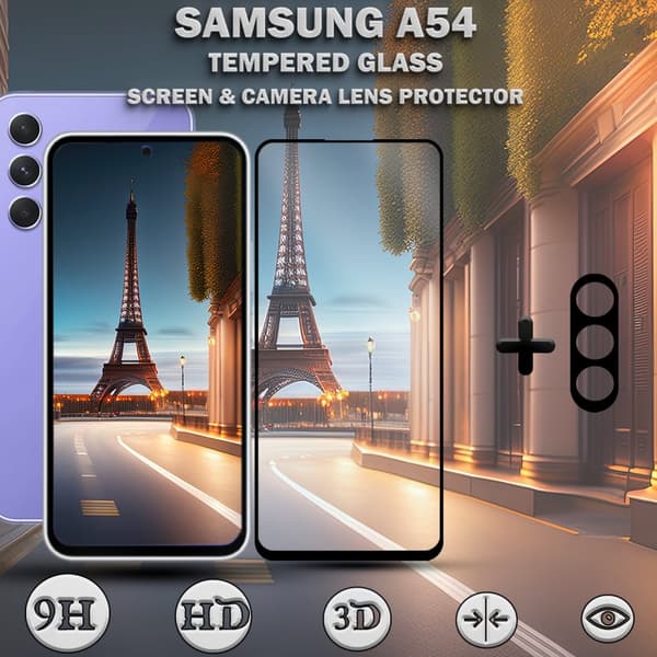 1-Pack Samsung A54 Skärmskydd & 1-Pack linsskydd - Härdat Glas 9H - Super kvalitet 3D