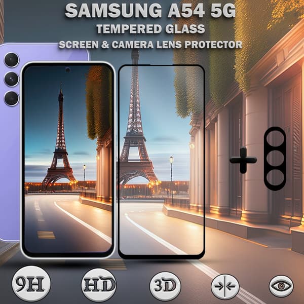 1-Pack Samsung A54 5G Skärmskydd & 1-Pack linsskydd - Härdat Glas 9H - Super kvalitet 3D
