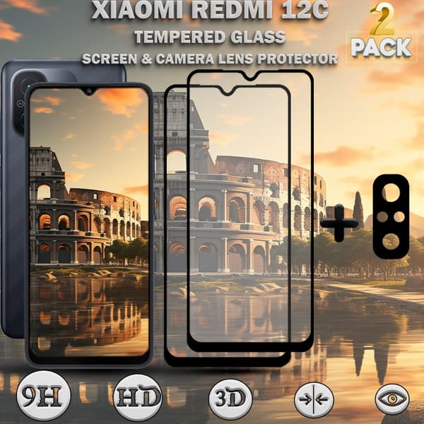 2-Pack XIAOMI REDMI 12C Skärmskydd & 1-Pack linsskydd - Härdat Glas 9H - Super kvalitet 3D