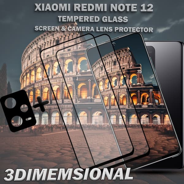 2-Pack Xiaomi Redmi Note 12 Skärmskydd & 1-Pack linsskydd - Härdat Glas 9H - Super kvalitet 3D