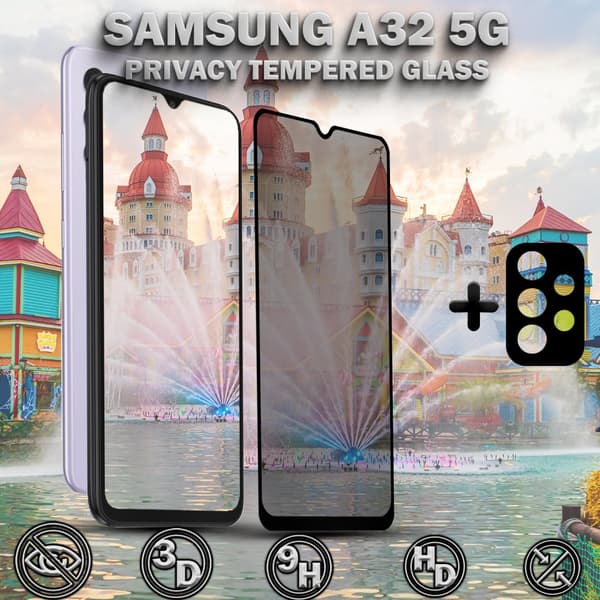 1-Pack Privacy Samsung A32 5G Skärmskydd & 1-Pack linsskydd - Härdat Glas 9H - Super kvalitet 3D