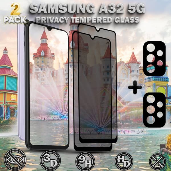 2-Pack Samsung Privacy A32 5G Skärmskydd & 2-Pack linsskydd - Härdat Glas 9H - Super kvalitet 3D