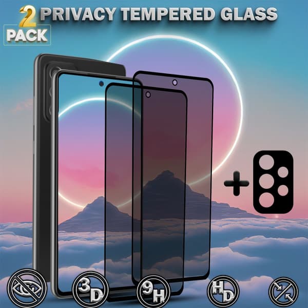 2-Pack Privacy Samsung A52S Skärmskydd & 1-Pack linsskydd - Härdat Glas 9H - Super kvalitet 3D