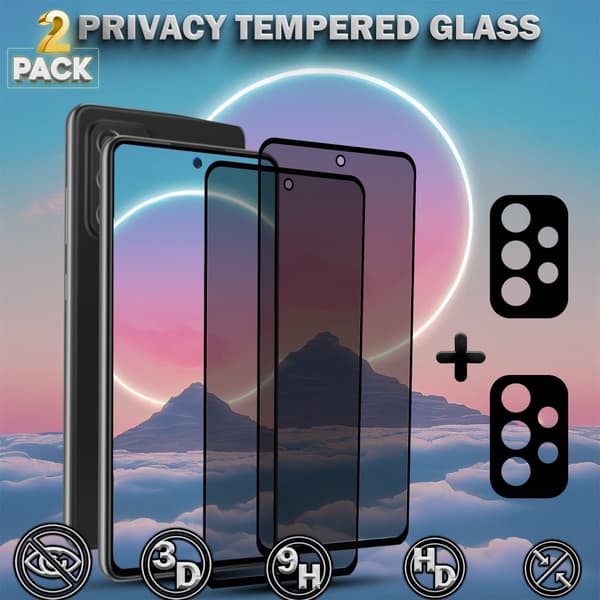 2-Pack Privacy Samsung A53 5G Skärmskydd & 2-Pack Linsskydd - Härdat Glas 9H - Super kvalitet 3D