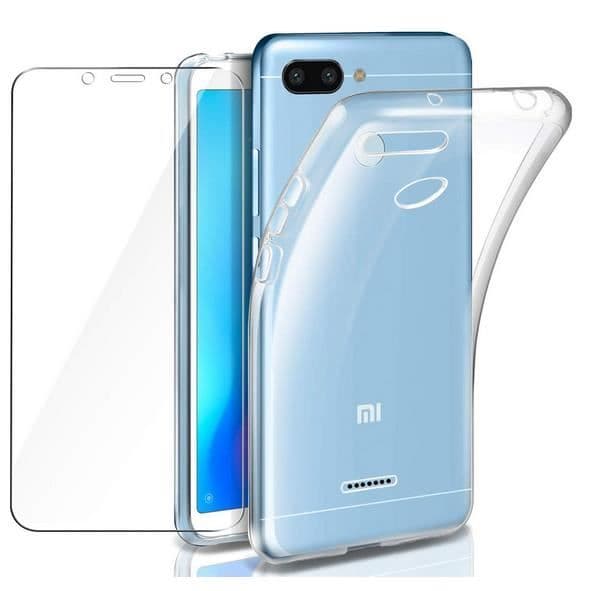 Heltäckande härdat glas för Xiaomi Redmi 6 + skärmskydd av härdat glas, mjukt transparent silikonfodral