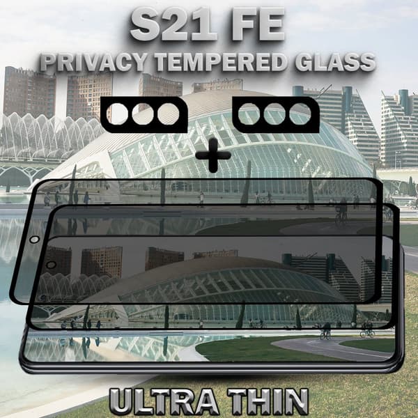 2-Pack Privacy SAMSUNG S21 FE Skärmskydd & 2-Pack linsskydd - Härdat Glas 9H - Super kvalitet 3D