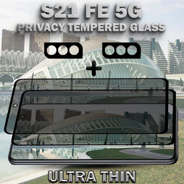 2-Pack Privacy SAMSUNG S21 FE 5G Skärmskydd & 2-Pack linsskydd - Härdat Glas 9H - Super kvalitet 3D