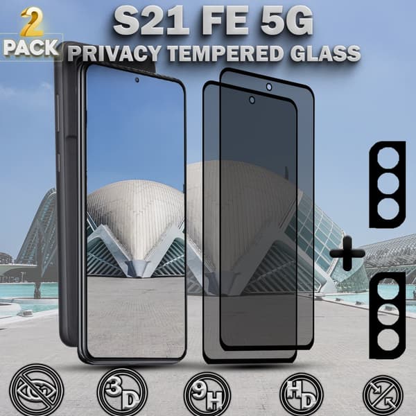 2-Pack Privacy SAMSUNG S21 FE 5G Skärmskydd & 2-Pack linsskydd - Härdat Glas 9H - Super kvalitet 3D