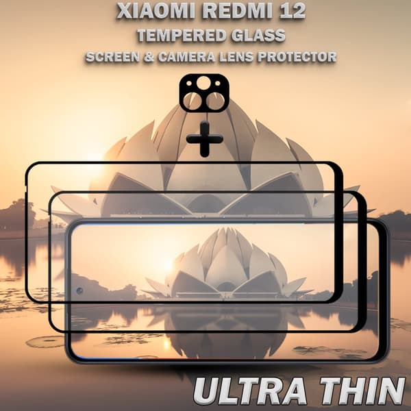 2-Pack XIAOMI REDMI 12 Skärmskydd & 1-Pack linsskydd - Härdat Glas 9H - Super kvalitet 3D