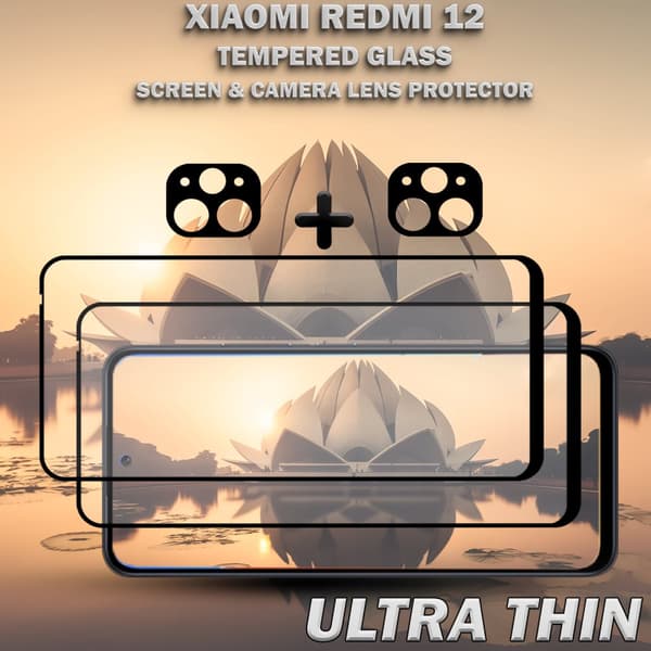 2-Pack XIAOMI REDMI 12 Skärmskydd & 2-Pack linsskydd - Härdat Glas 9H - Super kvalitet 3D