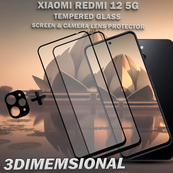 2-Pack XIAOMI REDMI 12 5G Skärmskydd & 1-Pack linsskydd - Härdat Glas 9H - Super kvalitet 3D