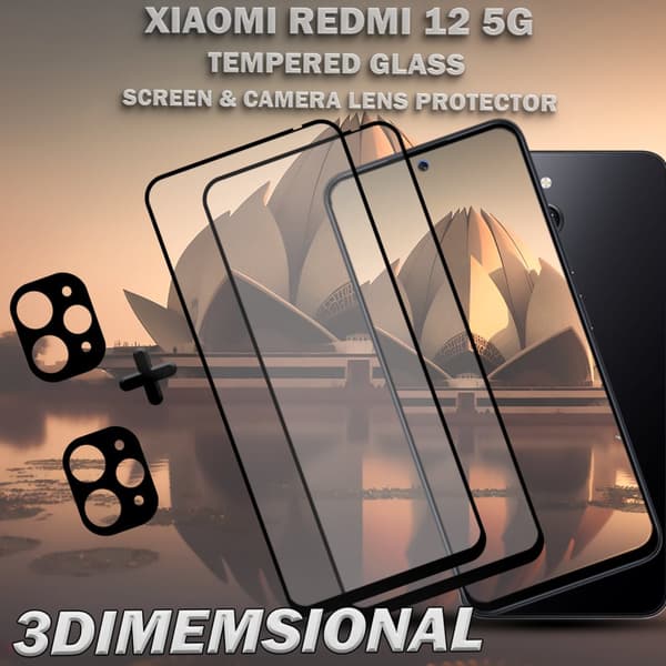 2-Pack XIAOMI REDMI 12 5G Skärmskydd & 2-Pack linsskydd - Härdat Glas 9H - Super kvalitet 3D