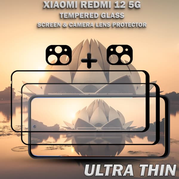 2-Pack XIAOMI REDMI 12 5G Skärmskydd & 2-Pack linsskydd - Härdat Glas 9H - Super kvalitet 3D