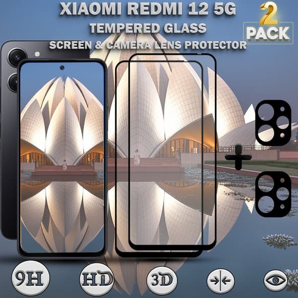 2-Pack XIAOMI REDMI 12 5G Skärmskydd & 2-Pack linsskydd - Härdat Glas 9H - Super kvalitet 3D