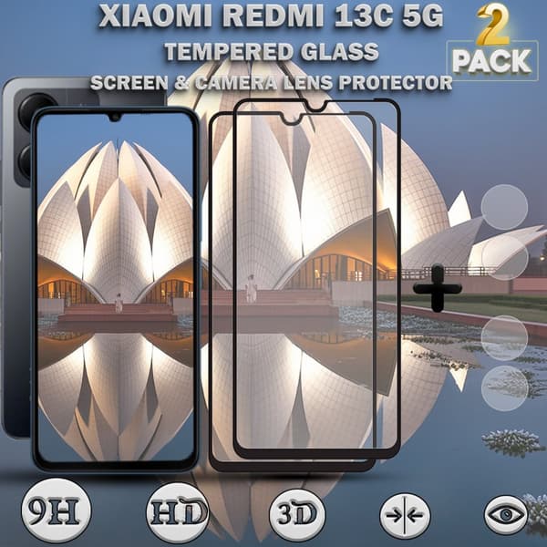 2-Pack XIAOMI REDMI 13C 5G Skärmskydd & 2-Pack linsskydd - Härdat Glas 9H - Super kvalitet 3D