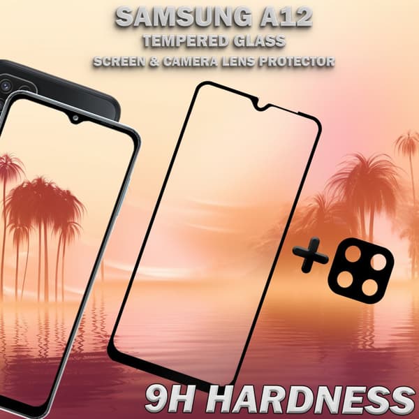 1-Pack Samsung A12 Skärmskydd & 1-Pack linsskydd - Härdat Glas 9H - Super kvalitet 3D