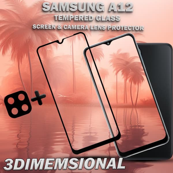 1-Pack Samsung A12 Skärmskydd & 1-Pack linsskydd - Härdat Glas 9H - Super kvalitet 3D