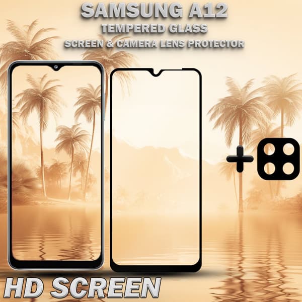 1-Pack Samsung A12 Skärmskydd & 1-Pack linsskydd - Härdat Glas 9H - Super kvalitet 3D