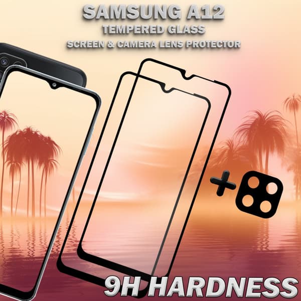 2-Pack Samsung A12 Skärmskydd & 1-Pack linsskydd - Härdat Glas 9H - Super kvalitet 3D