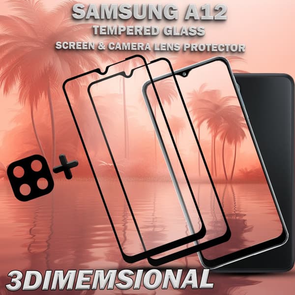 2-Pack Samsung A12 Skärmskydd & 1-Pack linsskydd - Härdat Glas 9H - Super kvalitet 3D