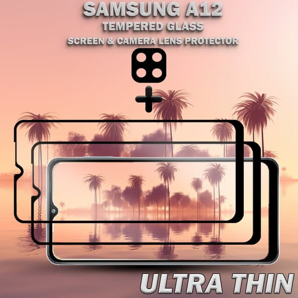 2-Pack Samsung A12 Skärmskydd & 1-Pack linsskydd - Härdat Glas 9H - Super kvalitet 3D