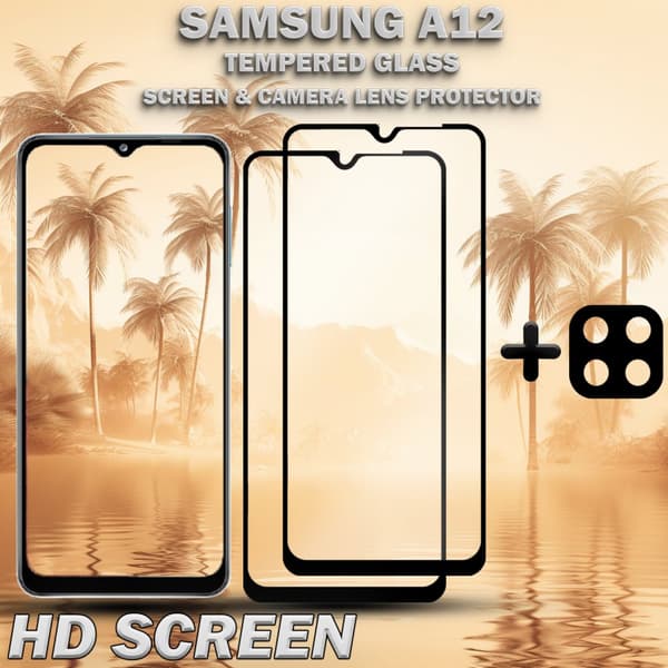 2-Pack Samsung A12 Skärmskydd & 1-Pack linsskydd - Härdat Glas 9H - Super kvalitet 3D