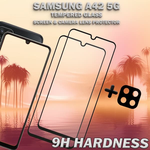 2-Pack Samsung A42 5G Skärmskydd & 1-Pack linsskydd - Härdat Glas 9H - Super kvalitet 3D