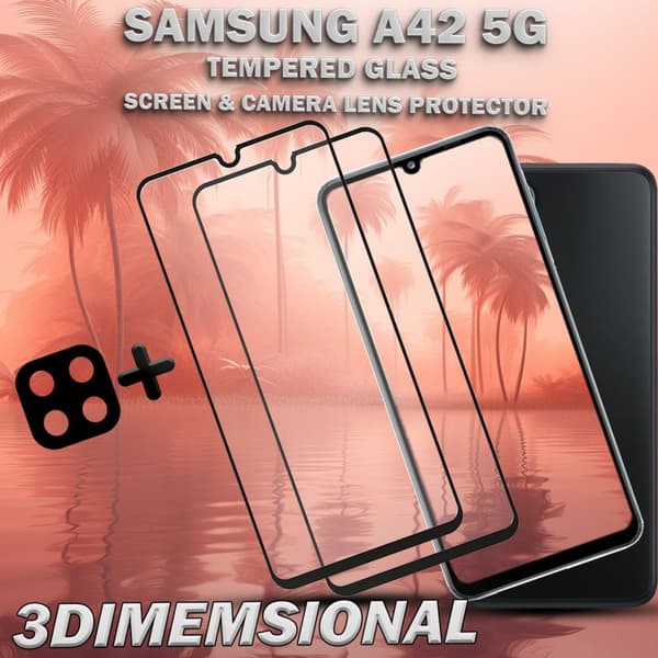 2-Pack Samsung A42 5G Skärmskydd & 1-Pack linsskydd - Härdat Glas 9H - Super kvalitet 3D