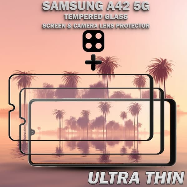 2-Pack Samsung A42 5G Skärmskydd & 1-Pack linsskydd - Härdat Glas 9H - Super kvalitet 3D