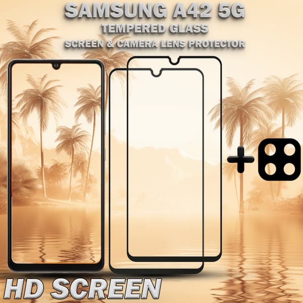 2-Pack Samsung A42 5G Skärmskydd & 1-Pack linsskydd - Härdat Glas 9H - Super kvalitet 3D