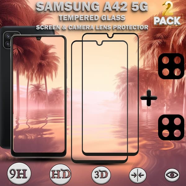 2-Pack Samsung A42 5G Skärmskydd & 2-Pack linsskydd - Härdat Glas 9H - Super kvalitet 3D